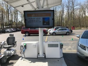 solar-powered EV station showing TV screen