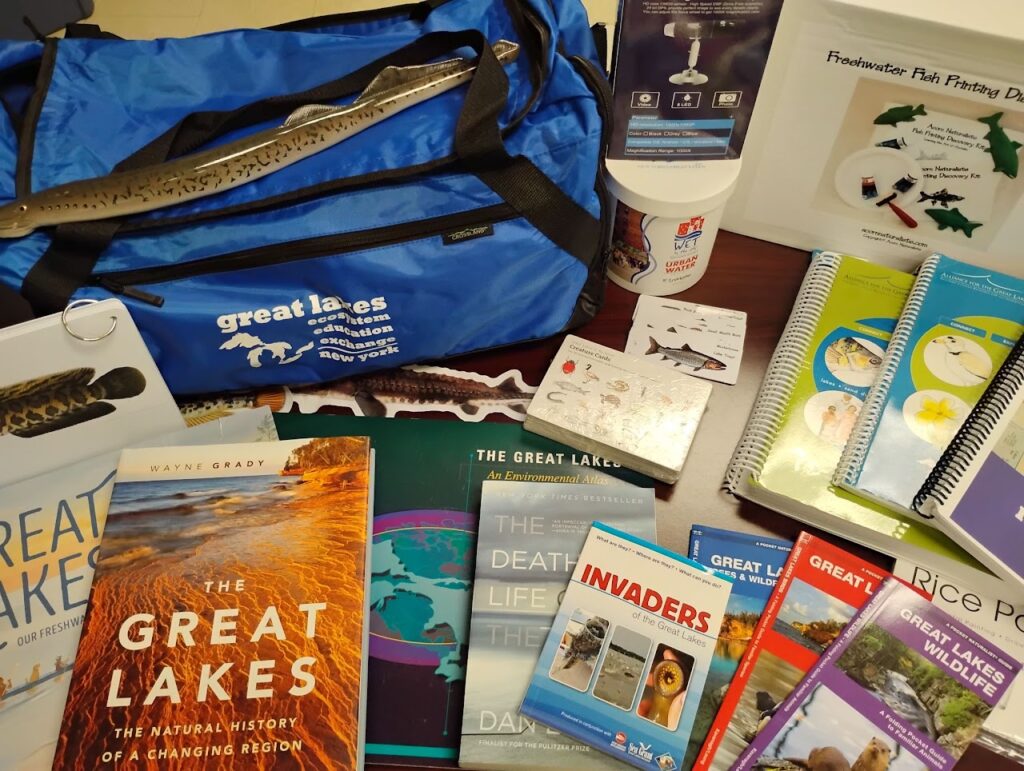 Blue bag surrounded by great lakes themed books